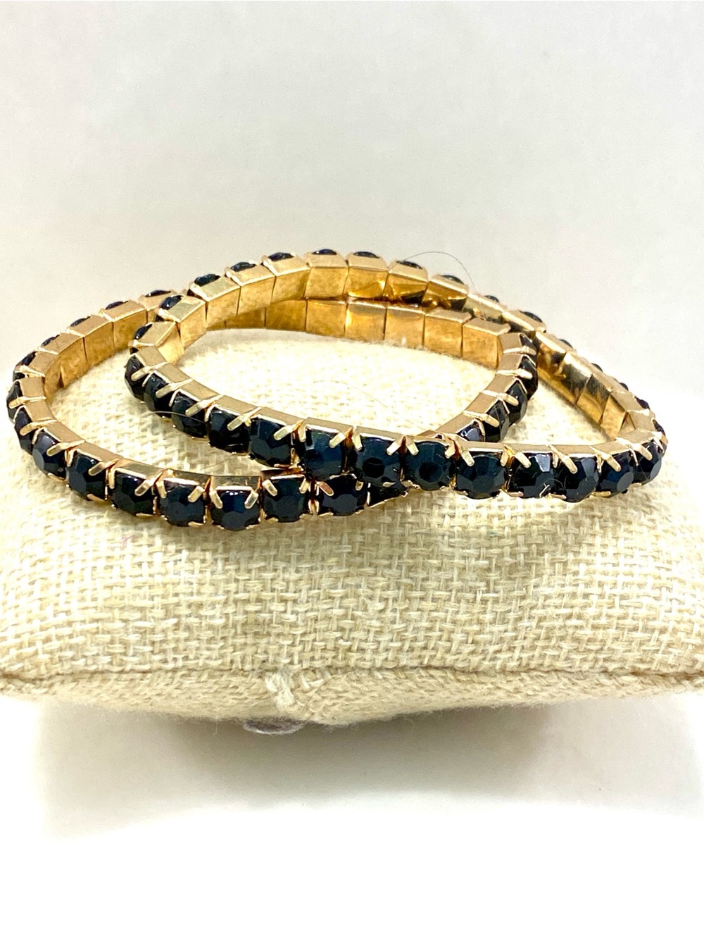 Set of 2 Vintage Gold Tone Jet Black Rhinestone Cushion Cut Stretch Bracelets